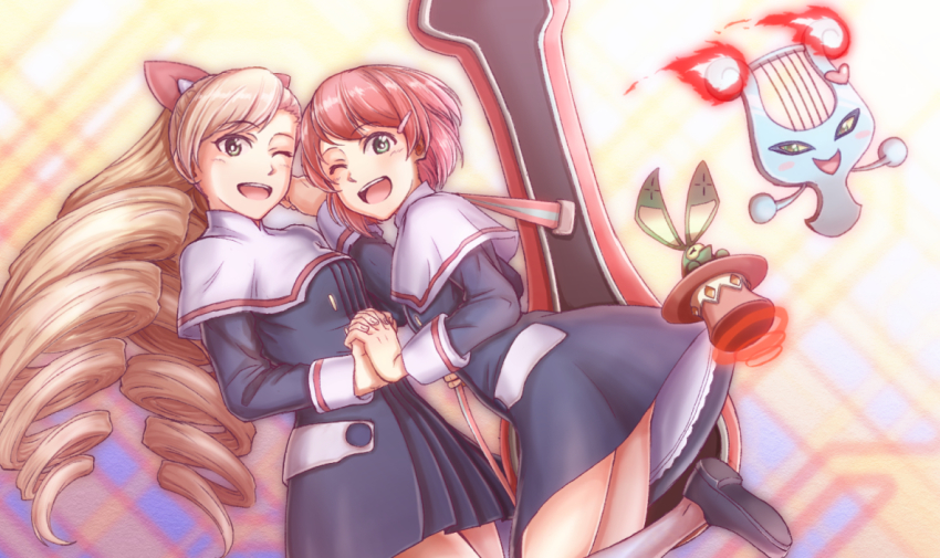 2girls, abanasosu, aged_up, bad_id, bad_pixiv_id, black_footwear, blonde_hair, blush