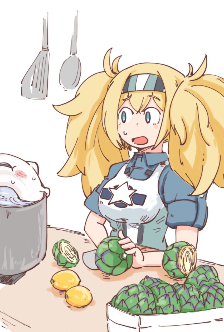 1girl, :o, alternate_costume, apron, artichoke_(food), blonde_hair, blue_shirt, blush_stickers