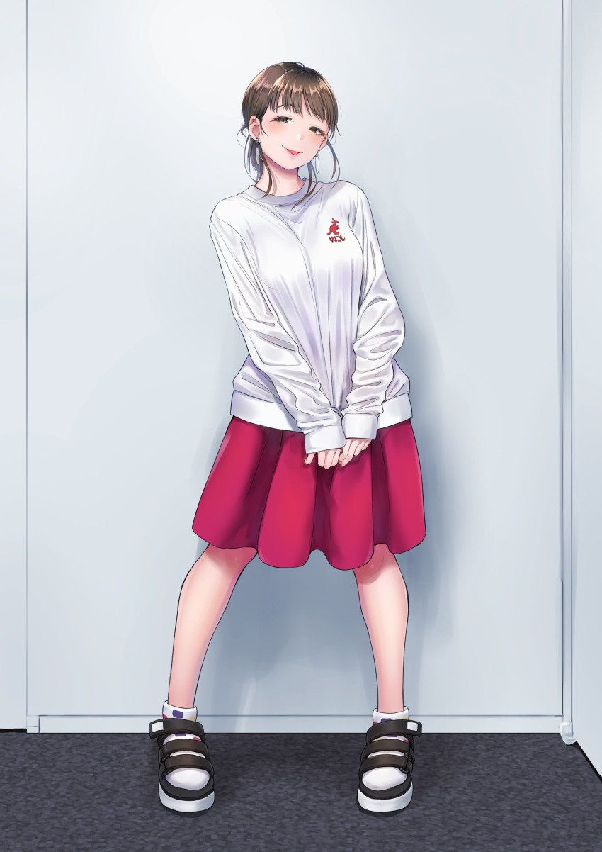 1girl, :p, absurdres, brown_eyes, brown_hair, commentary_request, earrings, fashion