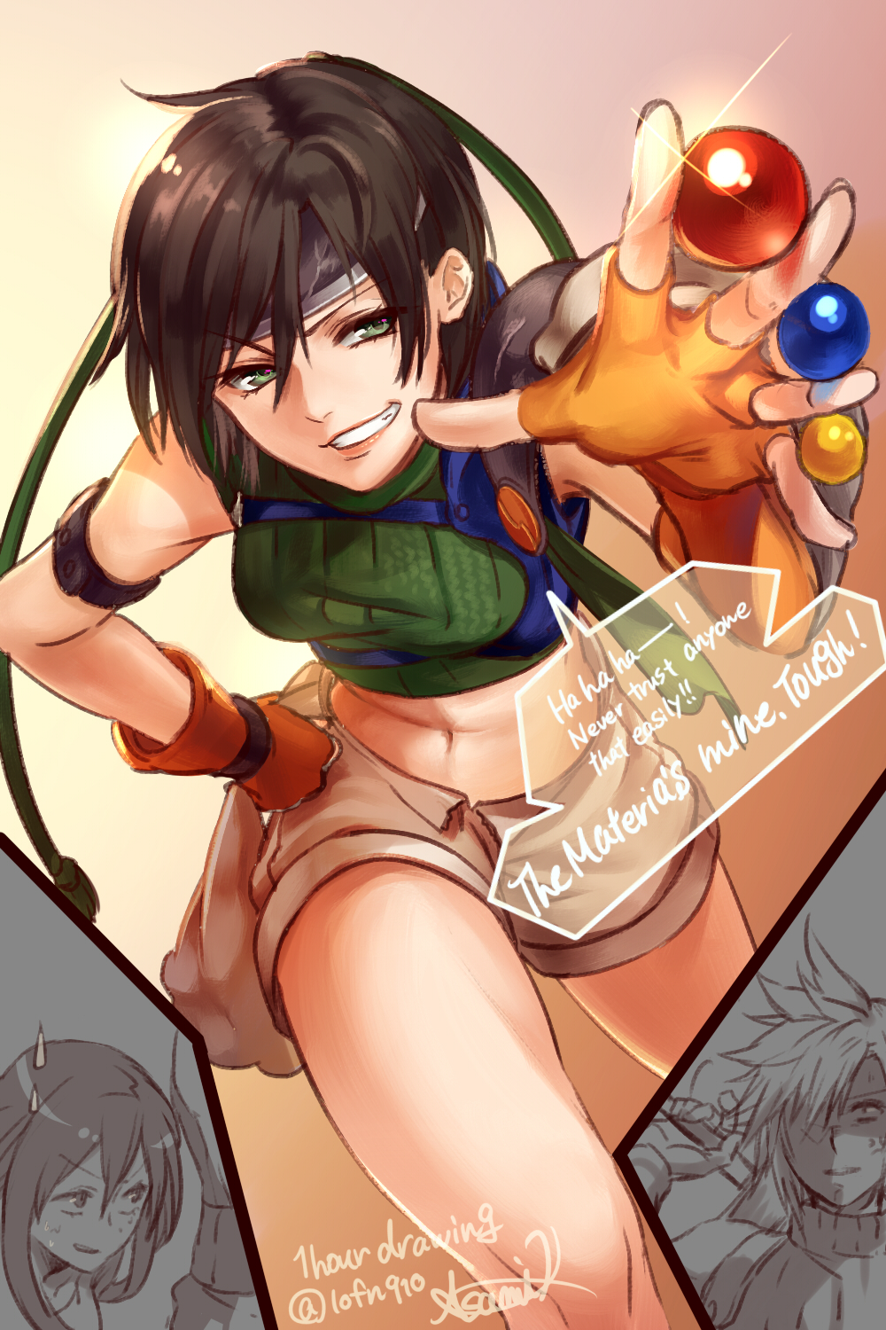 1boy, 2girls, anger_vein, armband, asymmetrical_gloves, black_hair, breasts, cloud_strife, crop_top, elbow_gloves, english_text, final_fantasy, final_fantasy_vii, fingerless_gloves, glint, gloves, green_eyes, green_shirt, grin, hair_between_eyes, hand_on_own_hip, headband, highres, kudou_asami, materia, medium_breasts, multiple_girls, navel, orange_gloves, shirt, short_hair, shorts, shoulder_pads, signature, sleeveless, sleeveless_shirt, smile, sparkle, speech_bubble, sweatdrop, thighs, tifa_lockhart, twitter_username, uneven_gloves, white_shorts, yuffie_kisaragi