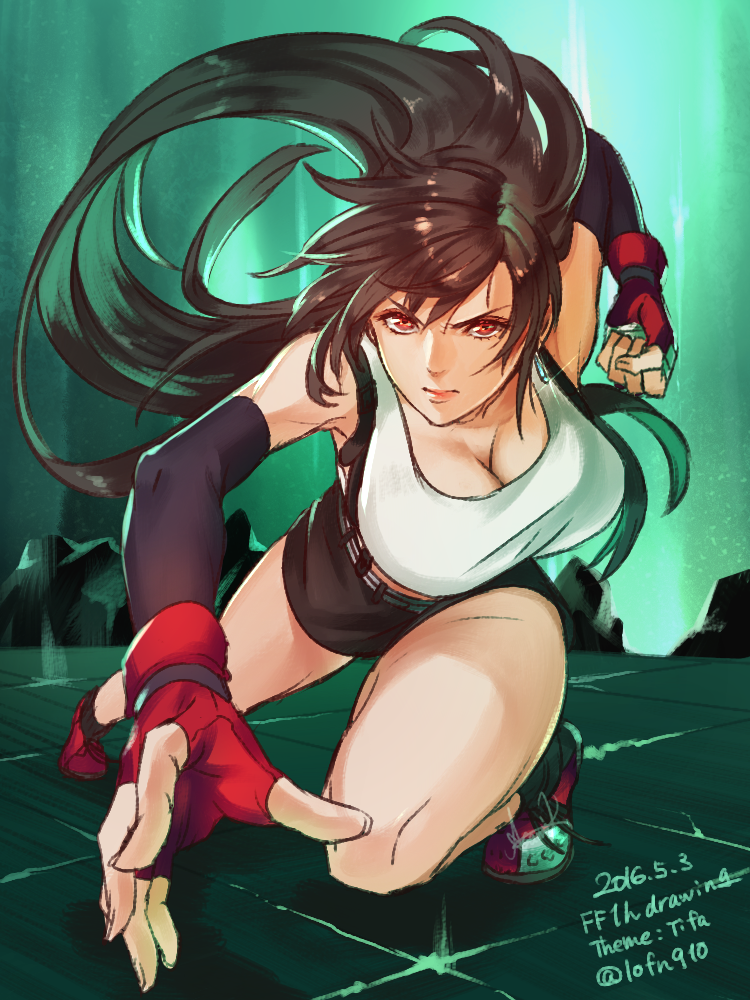 1girl, 2016, arm_warmers, bare_shoulders, black_hair, black_skirt, breasts, cleavage, clenched_hand, closed_mouth, dated, female_focus, final_fantasy, final_fantasy_vii, fingerless_gloves, fingernails, floating_hair, glint, gloves, hair_between_eyes, kudou_asami, large_breasts, lifestream, long_hair, looking_at_viewer, miniskirt, on_one_knee, red_eyes, red_gloves, skirt, solo, sparkle, straight_hair, suspender_skirt, suspenders, tifa_lockhart, twitter_username, v-shaped_eyebrows
