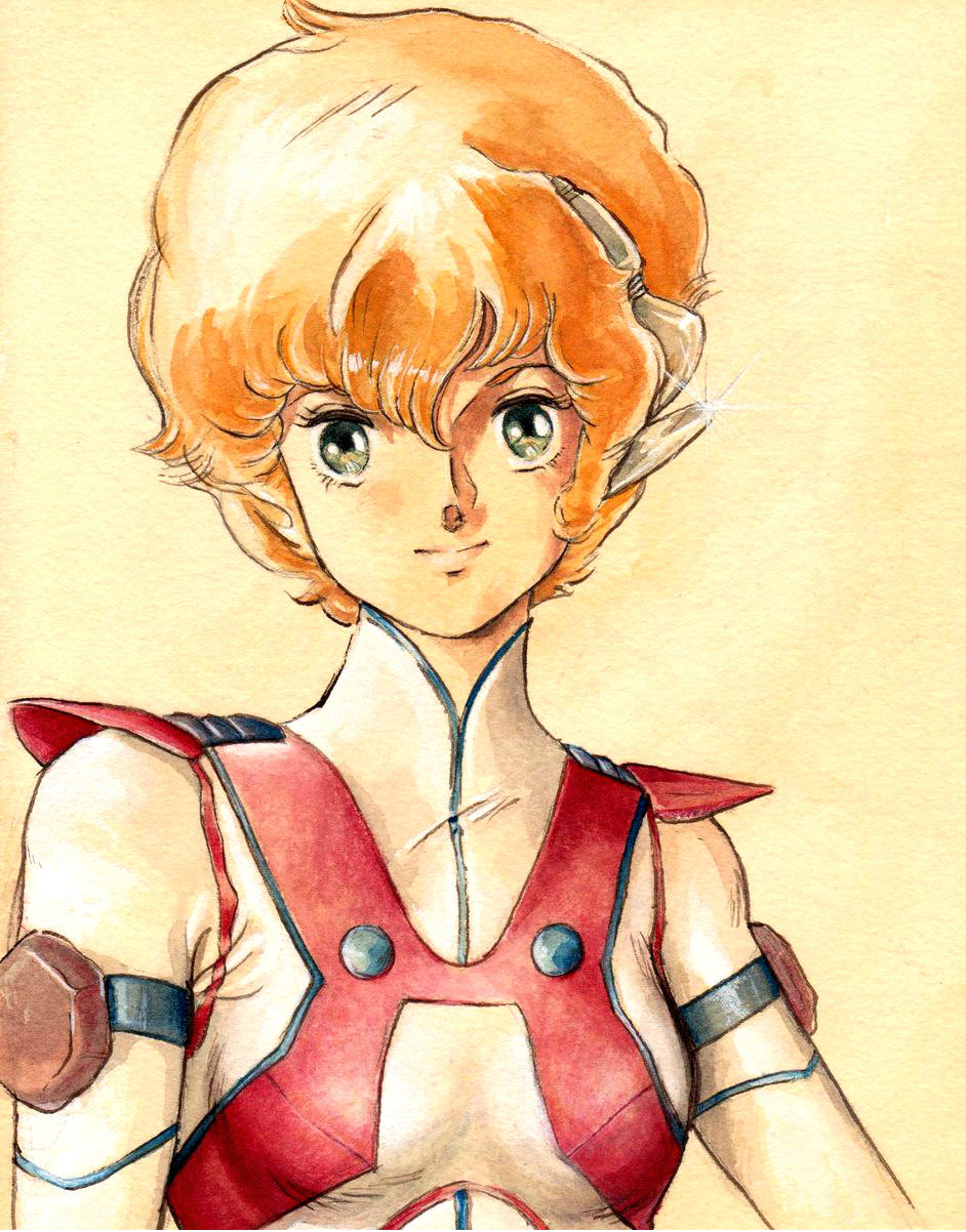 1980s_(style), 1girl, artist_request, atac, blonde_hair, bodysuit, breasts, choujikuu_kidan_southern_cross