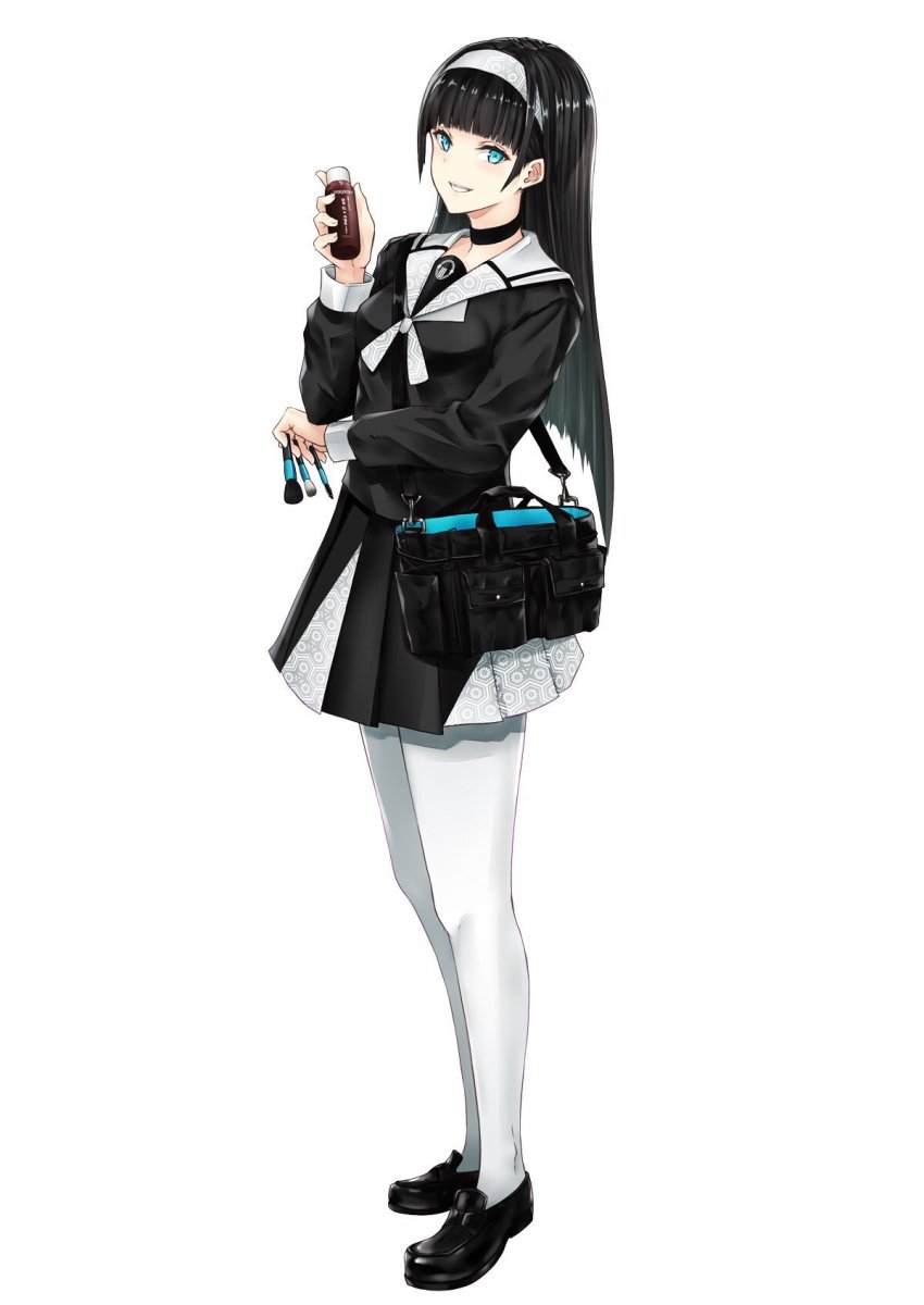 1girl, bag, black_hair, black_shirt, black_shoes, blue_eyes, blunt_bangs, choker, female_focus, full_body, grin, hairband, highres, holding, loafers, long_hair, looking_at_viewer, matsunoyama_tanami, miniskirt, nabeshima_tetsuhiro, onsen_musume, pantyhose, pleated_skirt, school_uniform, shirt, shoes, simple_background, skirt, smile, solo, standing, very_long_hair, white_background, white_hairband, white_pantyhose