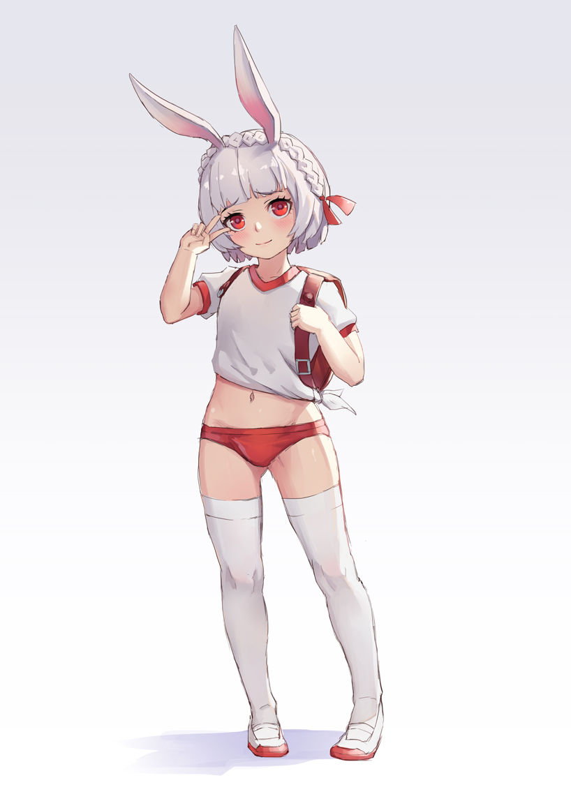 1girl, animal_ears, backpack, bag, blunt_bangs, blush, braid, buruma, crown_braid, female_focus, full_body, gym_uniform, hair_ribbon, head_tilt, light_smile, looking_at_viewer, midriff, mool_yueguang, navel, onmyoji, rabbit_ears, randoseru, red_bag, red_buruma, red_eyes, red_ribbon, ribbon, shirt, shoes, short_hair, short_sleeves, solo, standing, thighhighs, tied_shirt, uwabaki, v, v_over_eye, white_hair, white_shirt, white_shoes, white_thighhighs, yamausagi