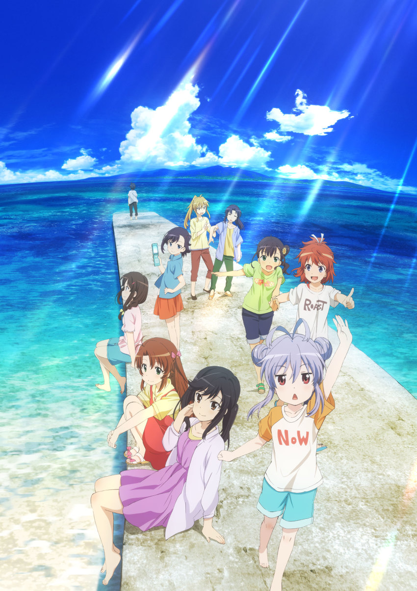 1boy, 6+girls, absurdres, antenna_hair, barefoot, beach, black_hair, blonde_hair