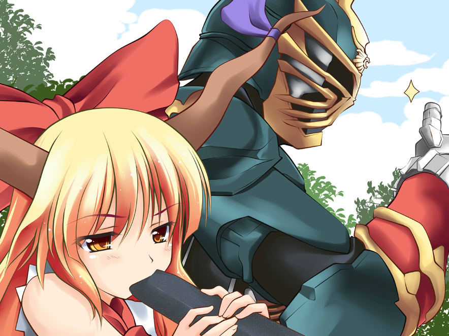 1boy, 1girl, bad_id, bad_pixiv_id, crossover, ehoumaki, food, hair_ribbon