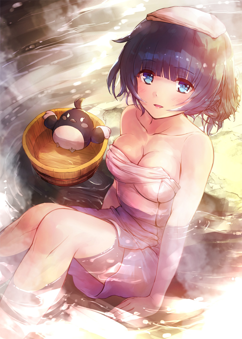 1girl, bare_shoulders, bird, blue_eyes, blue_hair, blush, breasts, bucket