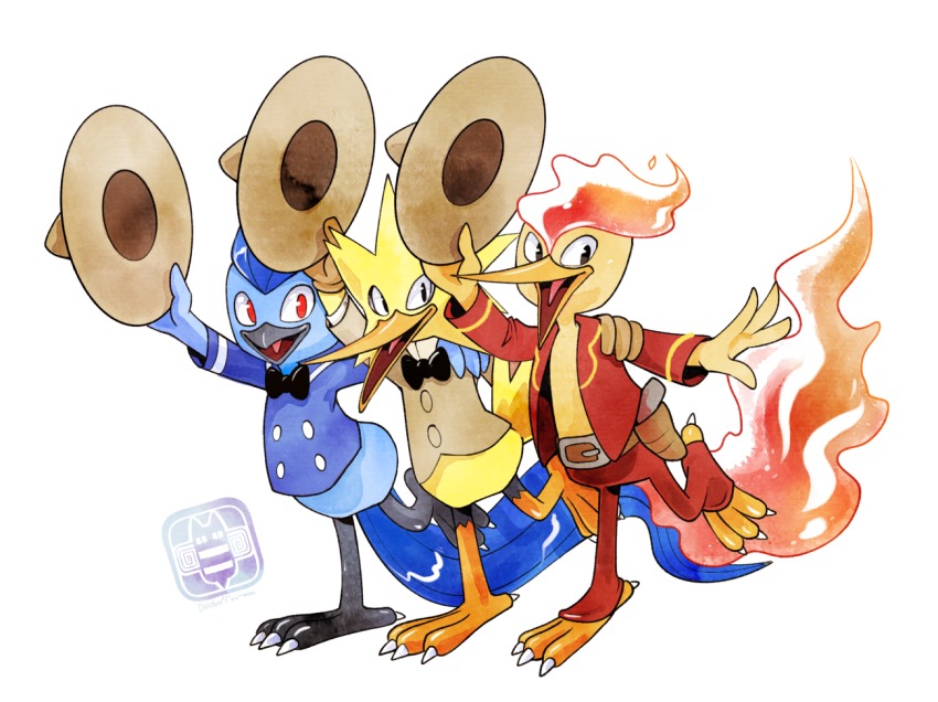 3boys, animal_focus, articuno, belt, bird, black_eyes, black_neckwear, bow, bowtie, claws, clothed_pokemon, commentary, commission, cosplay, creature, dancing, deebs, disney, donald_duck, donald_duck_(cosplay), english_commentary, fiery_hair, fiery_tail, fire, gen_1_pokemon, hand_on_another's_shoulder, happy, hat, holding, holding_unworn_clothes, holding_unworn_hat, jose_carioca, jose_carioca_(cosplay), legendary_pokemon, looking_at_viewer, mickey_mouse_&amp;_friends, moltres, multiple_boys, nintendo, no_humans, open_clothes, open_shirt, panchito_pistoles, panchito_pistoles_(cosplay), pants, parody, pokemon, pokemon_(creature), red_eyes, red_pants, red_shirt, shirt, simple_background, smile, sombrero, symmetrical_pose, tail, the_three_caballeros, unworn_hat, unworn_headwear, white_background, zapdos