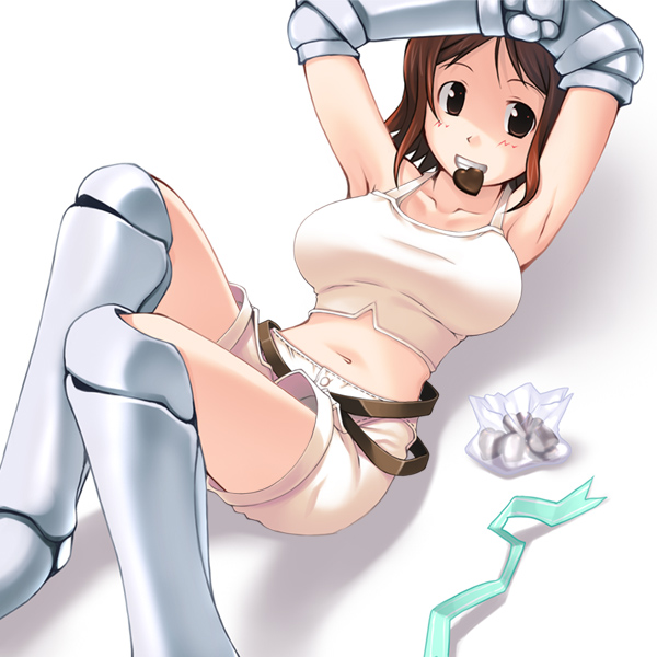 1girl, armor, belt, blush, boots, bra, breasts, candy