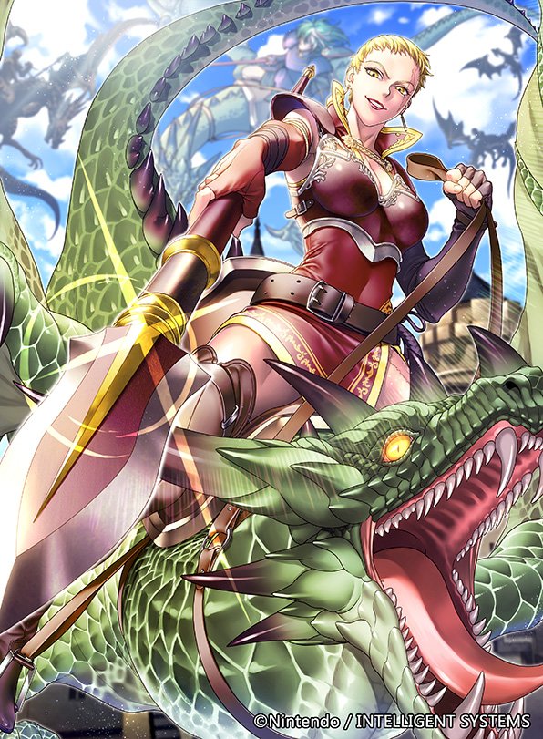 1girl, 3boys, armor, belt, blonde_hair, copyright_name, day, dragon