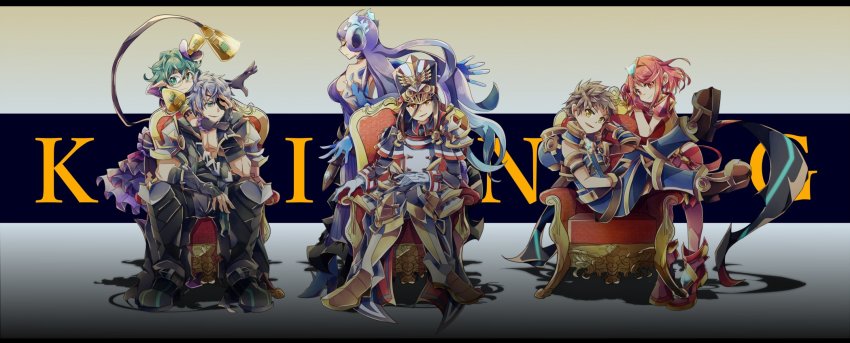 2boys, 4girls, armor, bad_id, bad_twitter_id, blue_eyes, blue_hair, bodysuit