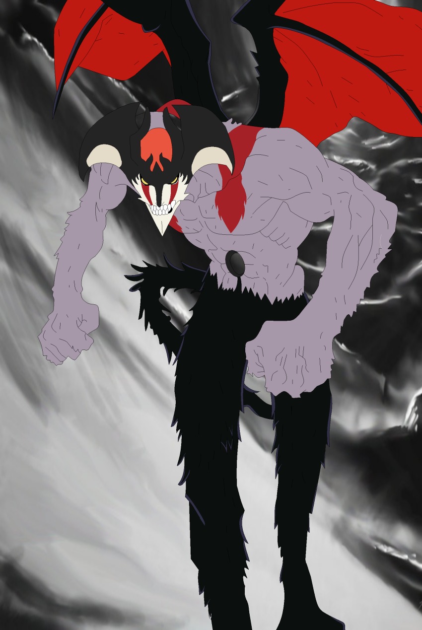 1boy, absurdres, bat_wings, black_wings, blank_eyes, bleach, colored_skin, creature, crossover, demon, demon_tail, demon_wings, derivative_work, devilman, devilman_(character), devilman_crybaby, flat_color, fudou_akira, full_body, head_wings, highres, hollow_(bleach), male_focus, mask, monster, purple_skin, solo, tail, tashahemlock, wings
