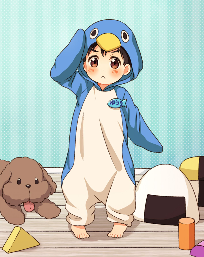 1boy, :<, aged_down, animal_costume, black_hair, brown_eyes, child, dog, katsuki_yuuri, male_focus, name_tag, penguin_costume, salute, toy_block, twc_(p-towaco), vicchan, yuri!!!_on_ice