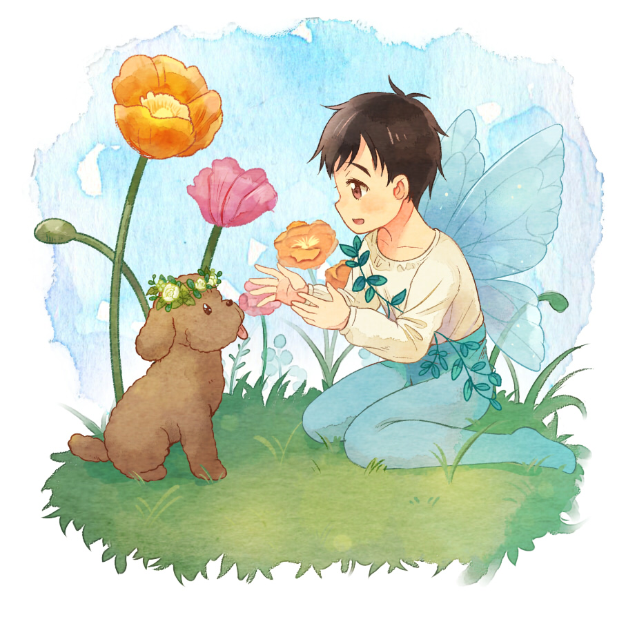 1boy, aged_down, black_hair, brown_eyes, child, dog, fairy_wings, flower