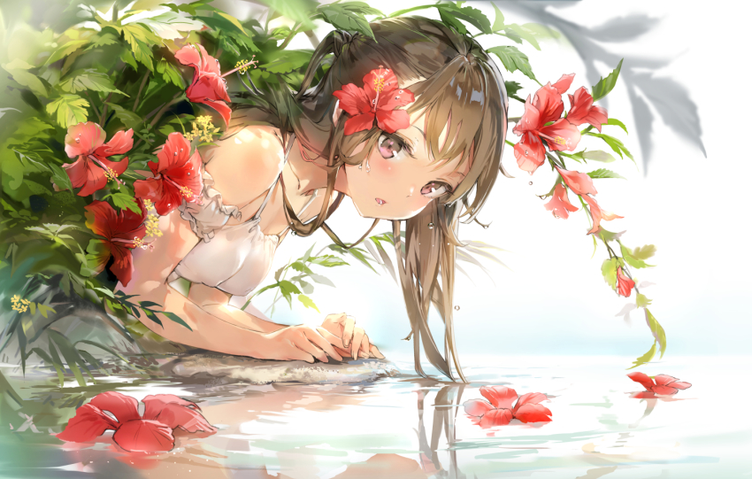 1girl, anmi, bare_shoulders, blush, breasts, brown_hair, collarbone, commentary_request