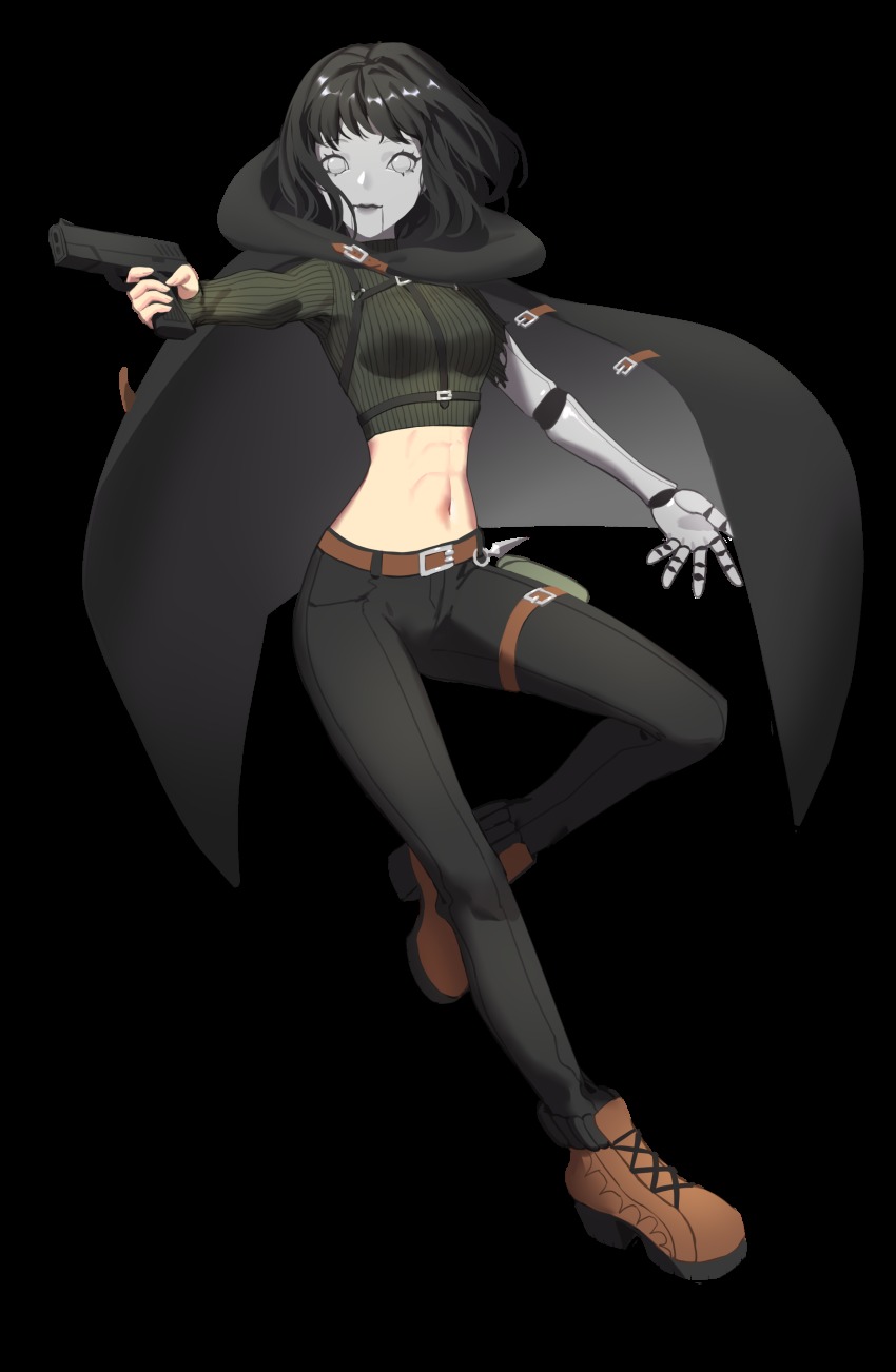 1girl, absurdres, angelika_(voxwave), belt, black_hair, black_pants, cape, gun