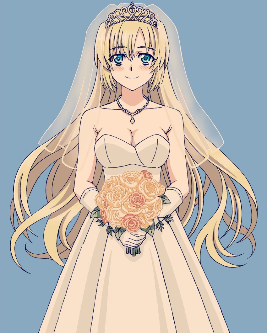 1girl, bare_shoulders, blonde_hair, blue_eyes, blush, bouquet, breasts, bridal_veil