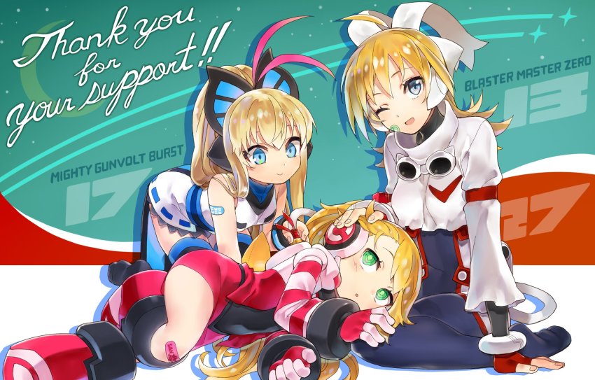 3girls, ;d, all_fours, android, arm_support, azure_striker_gunvolt, bandaid, blaster_master_zero, blonde_hair, blue_eyes, butterfly_hair_ornament, call_(mighty_no._9), commentary, creator_connection, english_commentary, english_text, eve_(blaster_master_zero), green_eyes, grey_eyes, hair_ornament, hand_on_another's_head, highres, inti_creates, joule_(gunvolt), long_hair, looking_up, lumen_(gunvolt), lying, mighty_gunvolt, mighty_gunvolt_burst, mighty_no._9, multiple_girls, natsume_yuji, official_art, on_side, one_eye_closed, open_mouth, ponytail, smile