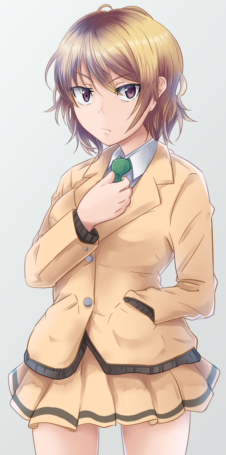 1girl, adjusting_clothes, adjusting_necktie, alternate_costume, arm_up, blonde_hair, blue_background, commentary_request