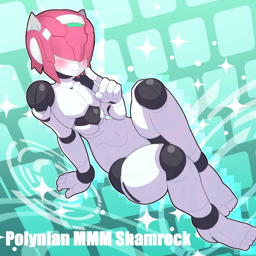 1boy, absurdres, android, bad_id, bad_pixiv_id, blush, character_name, full_body, hair_over_eyes, highres, joints, male_focus, omeehayo, pink_hair, robot, robot_joints, robot_neoanthropinae_polynian, shamrock_(polynian), solo, trap