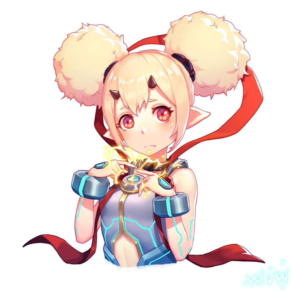 1girl, artist_request, blonde_hair, electra_(xenoblade), electricity, horns, looking_at_viewer, nintendo