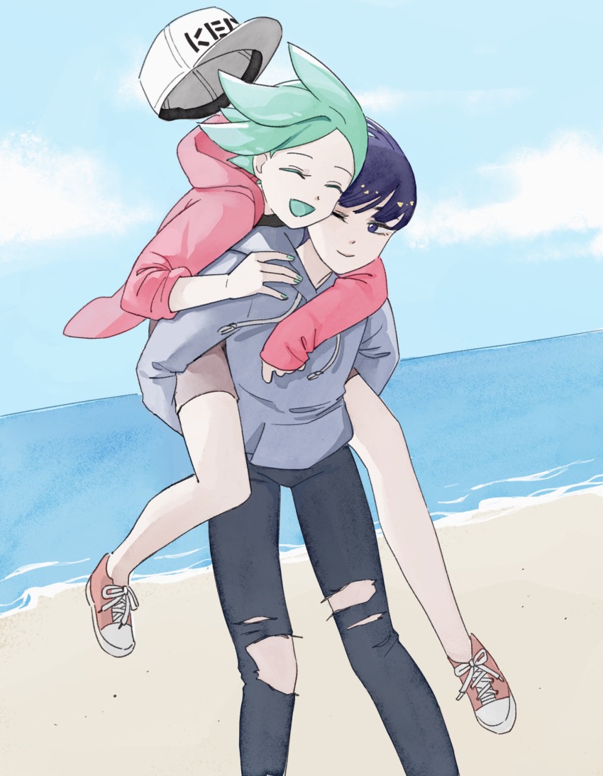 2others, alternate_costume, androgynous, aqua_hair, beach, blue_eyes, blue_hair, blue_sky