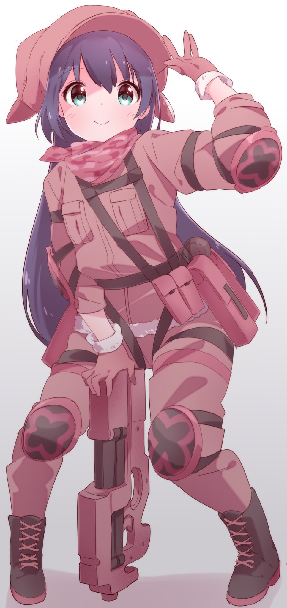 1girl, animal_ears, animal_hat, blue_hair, bullpup, cosplay, cute_weapon, elbow_pads
