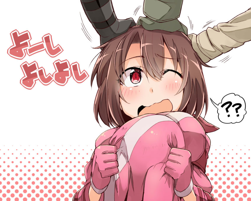 1girl, ?, ??, animal_hat, bibi02, blush, brown_hair, commentary_request