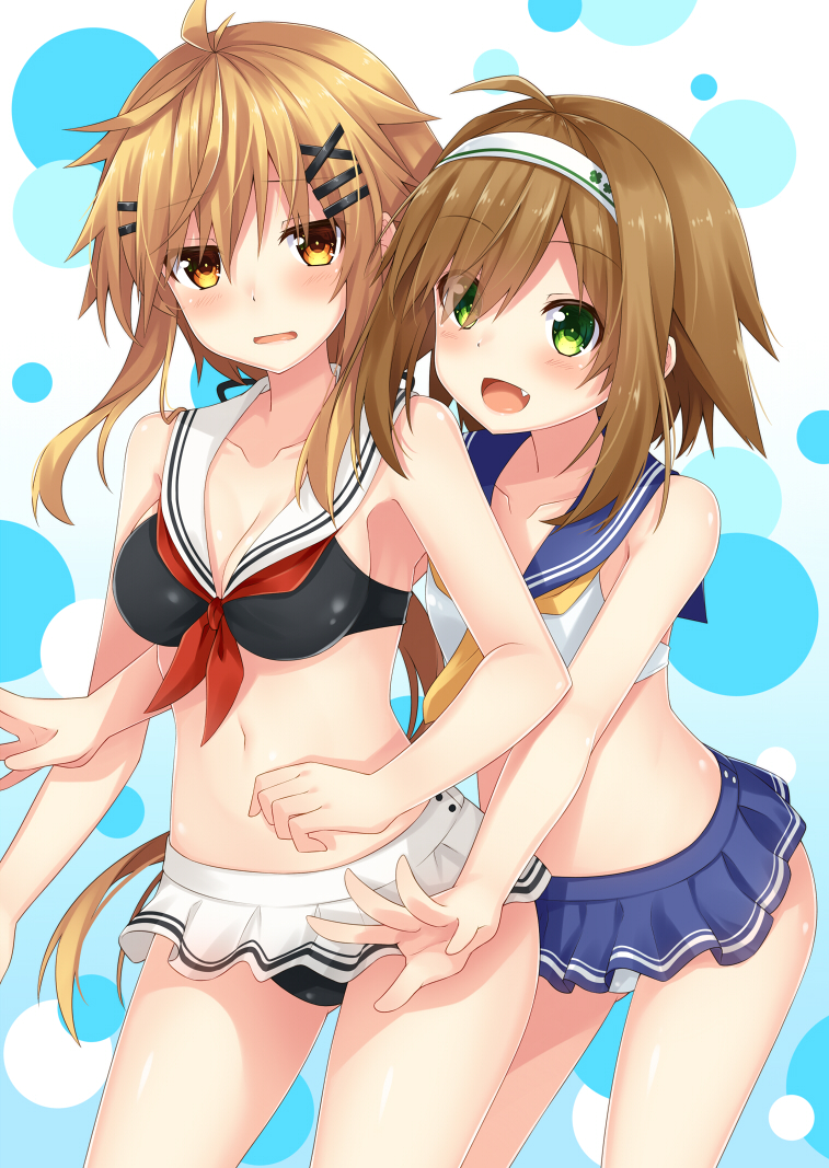 2girls, ahoge, bikini, blush, breasts, brown_eyes, brown_hair, cleavage