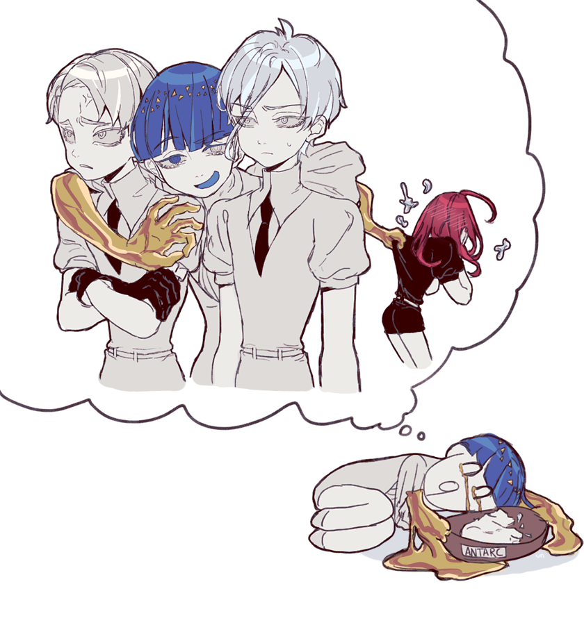 4others, androgynous, anger_vein, antarcticite, black_gloves, blue_eyes, blush, cairngorm_(houseki_no_kuni)