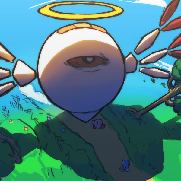 bags_under_eyes, blue_sky, comically_serious, day, grass, halo, hat, kirby