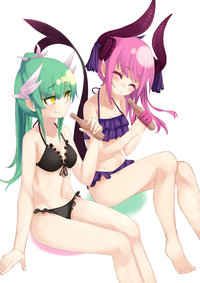 10s, 2girls, bad_id, bad_pixiv_id, bikini, black_bikini, bottle, breasts