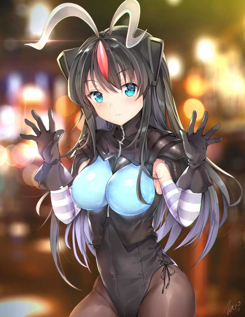 1girl, absurdres, antennae, armor, black_gloves, black_hair, black_leotard, black_ribbon