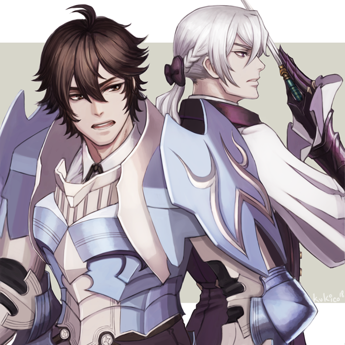 2boys, armor, back-to-back, braid, braiding_hair, brown_hair, butler, fire_emblem, fire_emblem_awakening, fire_emblem_fates, frederick_(fire_emblem), gloves, hairdressing, holding, holding_knife, jakob_(fire_emblem), knife, kukimoki, multiple_boys, nintendo, pauldrons, ponytail, poytail, shoulder_armor, white_hair