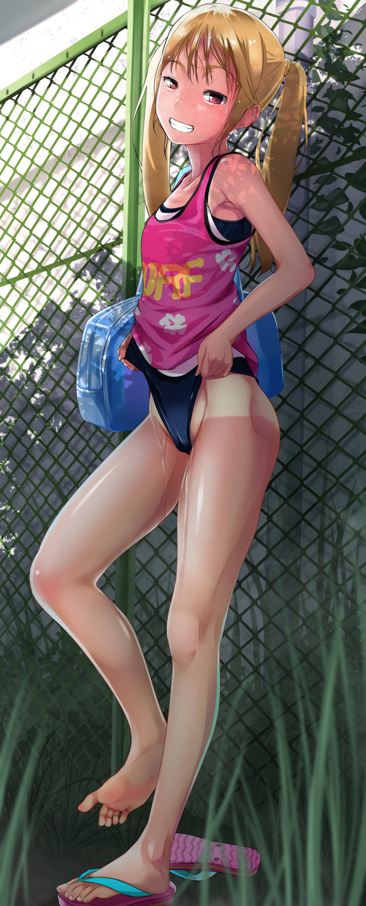 1girl, adjusting_clothes, adjusting_swimsuit, bag, bare_shoulders, barefoot, blonde_hair, blush