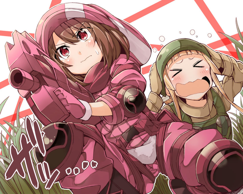 >_<, 2girls, bibi02, blonde_hair, blush, brown_hair, bullet_line, bullpup