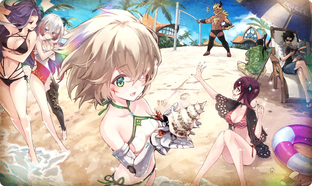 3boys, 4girls, ahat_(ta_ga_tame_no_alchemist), annoyed, beach, beach_chair, beach_house, beach_umbrella