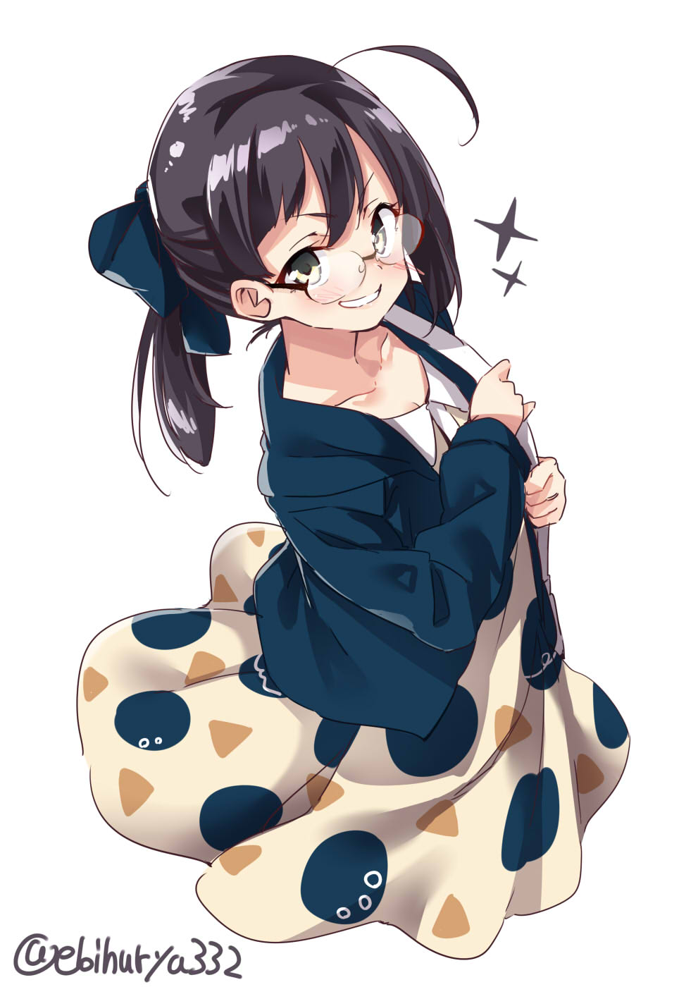 1girl, ahoge, asymmetrical_hair, bespectacled, black_hair, blue_bow, blue_jacket, blush