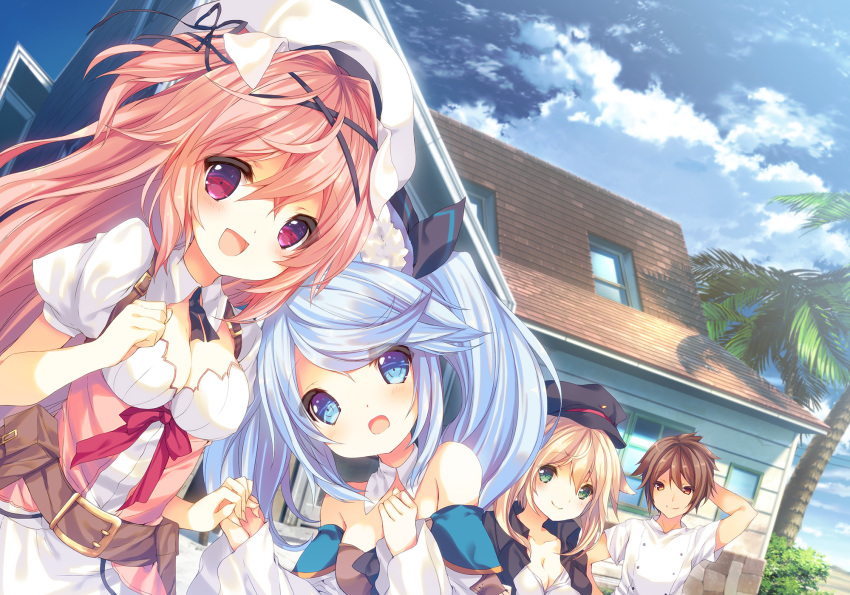 1boy, 3girls, aisia_mayfield, animal_ears, belt, belt_buckle, belt_pouch, beret