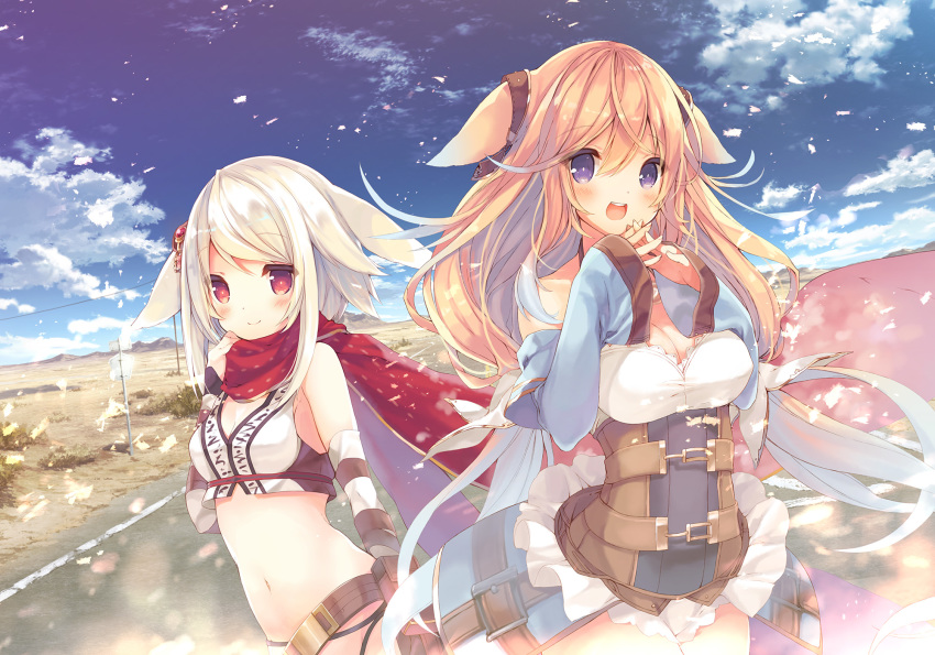 2girls, animal_ears, bare_shoulders, belt_buckle, belt_pouch, blonde_hair, blush, breasts