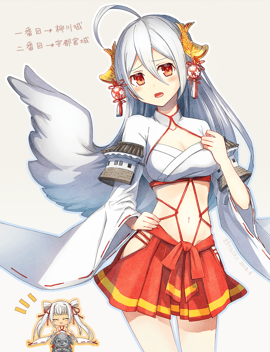 2girls, ahoge, blush, breasts, character_name, chibi, cleavage, closed_eyes