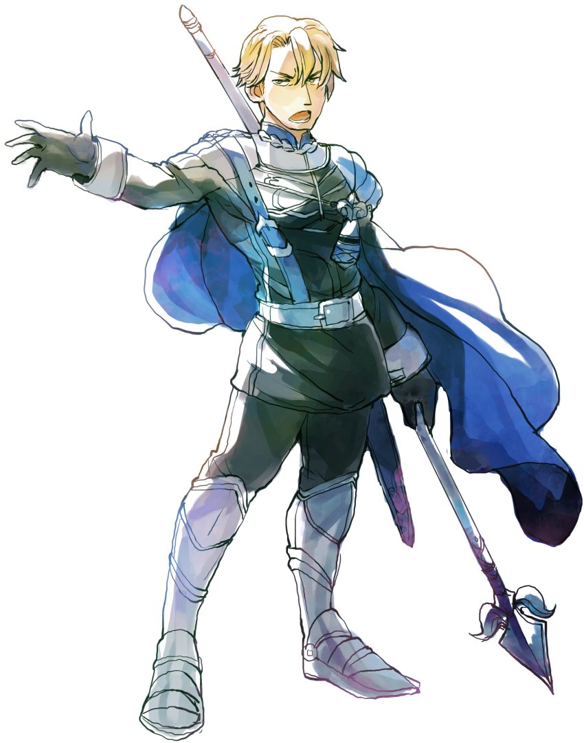 1boy, absurdres, armored_boots, belt, blonde_hair, blue_eyes, boots, cape