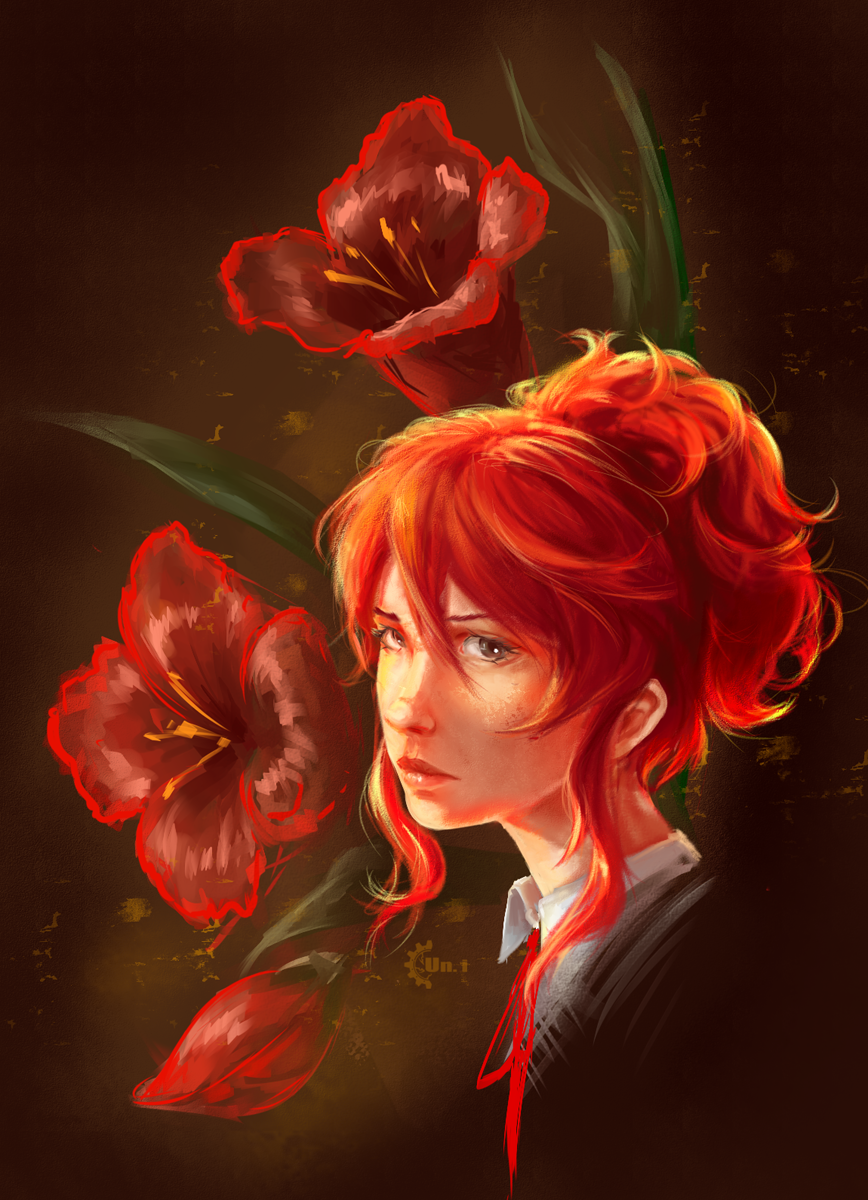 1girl, brown_eyes, closed_mouth, female_focus, flower, from_side, hello_charlotte, highres, long_hair, looking_at_viewer, neck_ribbon, portrait, realistic, red_hair, red_ribbon, ribbon, scarlett_eyler, solo, un.i_(protorc), watermark, wing_collar