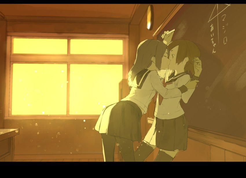 2girls, arms_up, black_pantyhose, black_sailor_collar, black_skirt, black_sleeve_ends, blouse, brown_eyes, brown_hair, chalk, chalkboard, closed_eyes, desk, evening, from_side, highres, holding_another's_arm, indoors, leaning_forward, letterboxed, long_hair, long_sleeves, midriff_peek, multiple_girls, neckerchief, pantyhose, pikumin, pleated_skirt, profile, red_neckerchief, sailor_collar, shirt, short_hair, skirt, sunlight, thighhighs, white_shirt, window, yuri