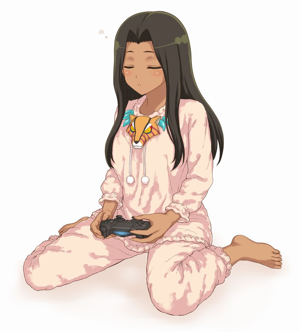10s, 1girl, barefoot, black_hair, breasts, closed_eyes, controller, dark-skinned_female