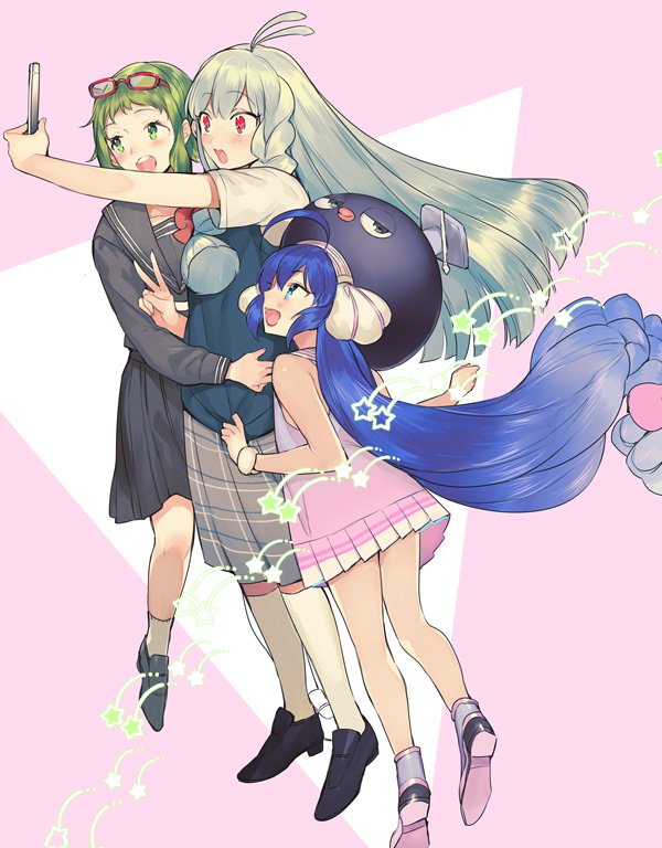 3girls, ahoge, animal_hat, antenna_hair, bad_id, bad_twitter_id, blue_eyes, blue_hair, braid, braided_sidelock, cellphone, eyewear_on_head, glasses, green_eyes, green_hair, gumi, hat, inactive_account, kotobuki_(medetai), long_hair, low-braided_long_hair, low-tied_long_hair, lumi_(vocaloid), mary_janes, multiple_girls, otomachi_una, otomachi_una_(talkex), phone, pink_background, red-framed_eyewear, red_eyes, school_uniform, selfie, serafuku, shoes, silver_hair, smartphone, smile, taking_picture, twintails, v, vocaloid