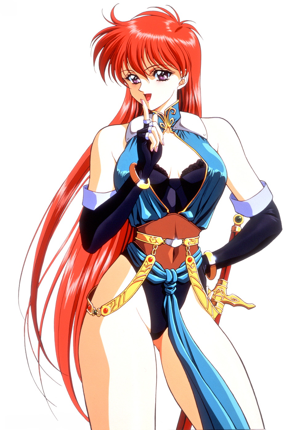 1990s_(style), black_gloves, bracelet, breasts, cleavage, cowboy_shot, elbow_gloves, finger_to_mouth