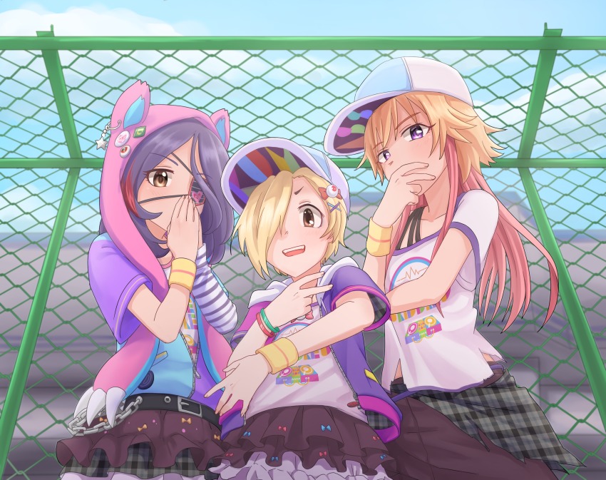 3girls, belt, blonde_hair, blush, brown_eyes, brown_hair, chain-link_fence, collarbone