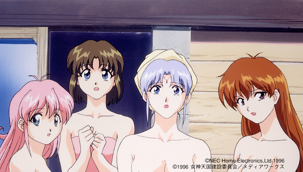 1990s_(style), 1996, 4girls, :o, blue_eyes, breasts, brown_hair, collarbone