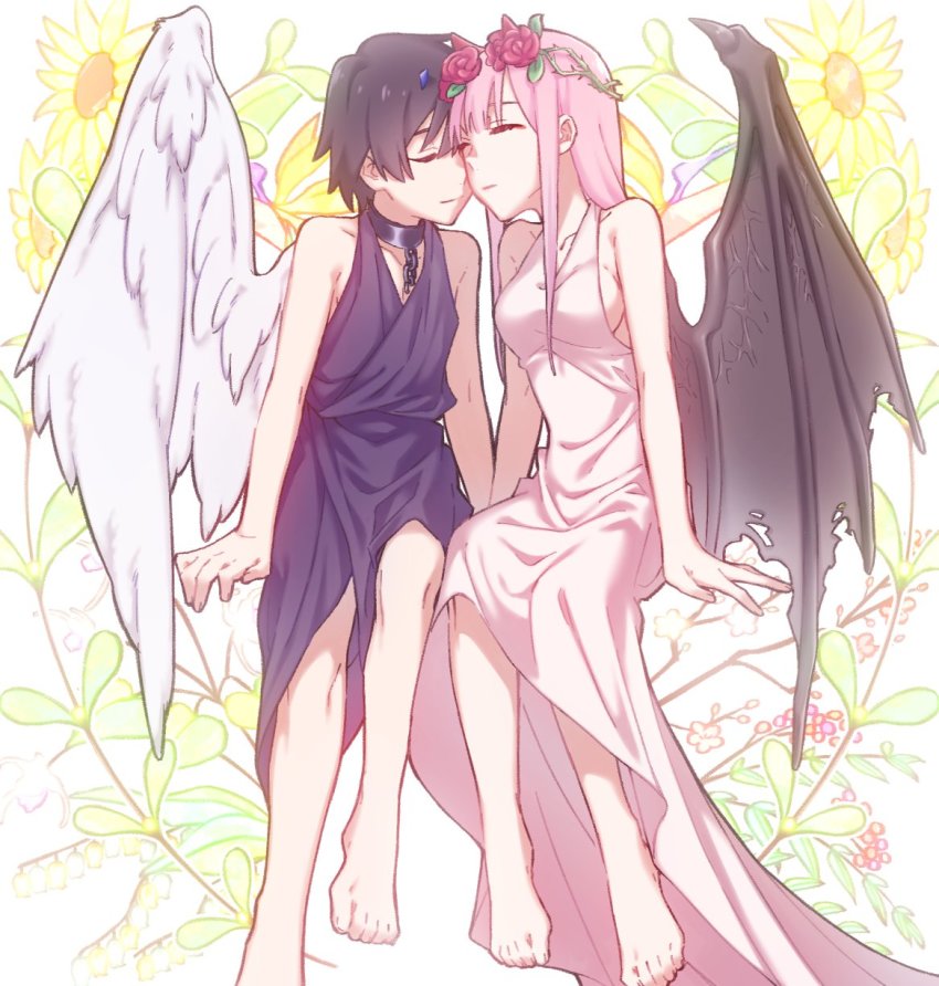 10s, 1boy, 1girl, angel_wings, barefoot, black_collar, black_hair, black_wings